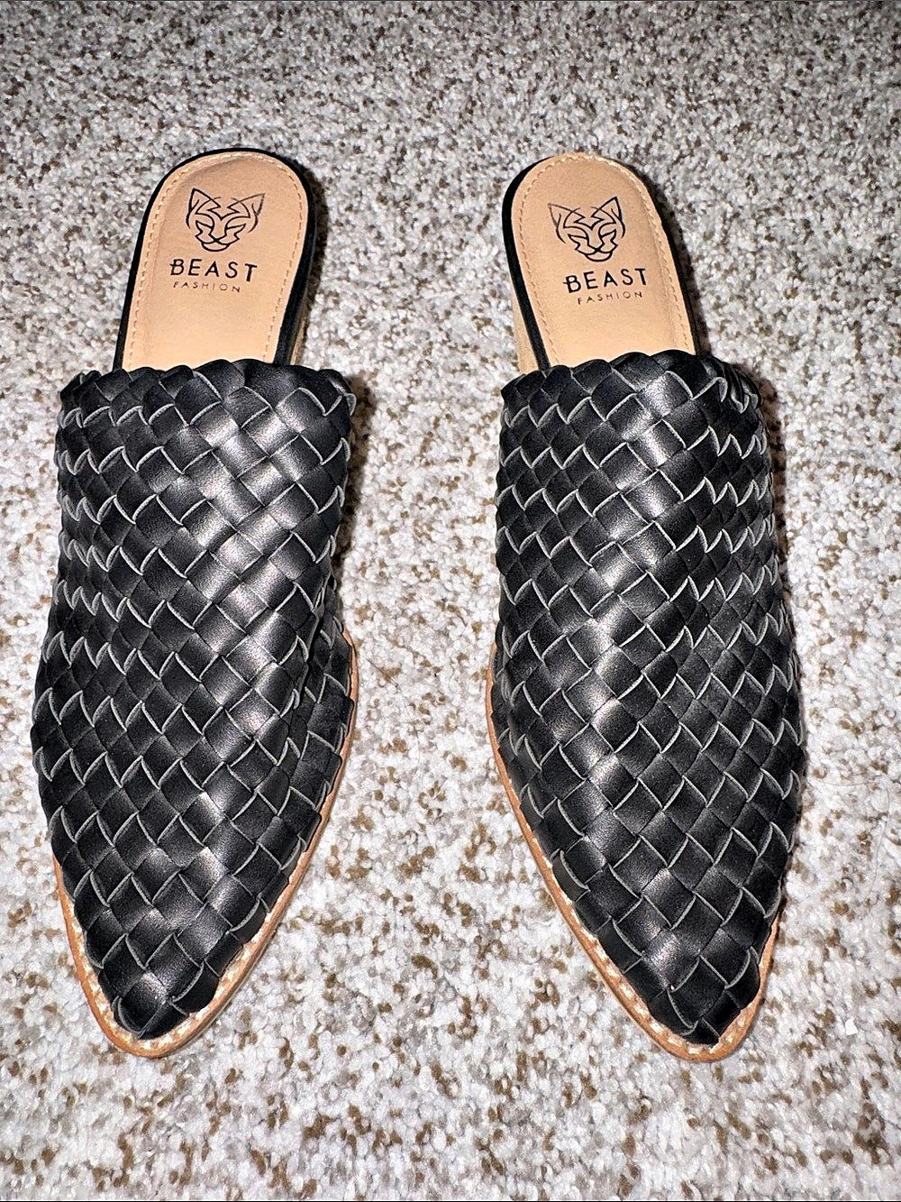 Beast Fashion Woven Checkerboard Block Heel Mules Black